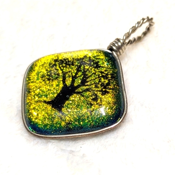 Artisan Made Dichroic Glass Tree Of Life Pendant Wrapped In Sterling Wire - Picture 2 of 9